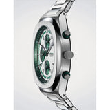 D1 Milano Chronograph Green Pulse vista laterale dettaglio corona e pulsanti cronografo verdi in acciaio spazzolato CHBJ25