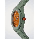 D1 Milano Polycarbon Alpha Contrast dettaglio corona ottagonale arancione e cassa verde policarbonato PCBJ48