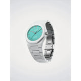 D1 Milano Polycarbon Binary Pulse vista laterale chiusura butterfly acciaio bracciale policarbonato grigio quadrante azzurro PCBJ49