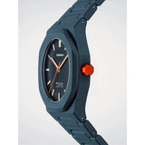 D1 Milano POLYCARBON Blue Legacy dettaglio corona ottagonale arancione e quadrante blu con indici a bastoni luminosi PCBJ41