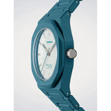 D1 Milano Polycarbon City Lights vista laterale dettaglio corona ottagonale e cassa policarbonato blu PCBJ52