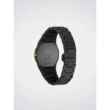 D1 Milano Polycarbon Spectrum Shift vista fondello con incisioni, bracciale nero policarbonato e corona verde PCBJ47