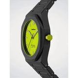 D1 Milano Polycarbon Spectrum Shift dettaglio quadrante lime, indici a bastoni e corona ottagonale verde PCBJ47