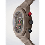 D1 Milano Polychrono Brown Phantom dettaglio laterale pulsanti cronografo rosso e nero su cassa marrone PHBJ24