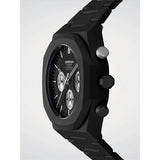 D1 Milano Polychrono Gilded Lunar dettaglio laterale corona e pulsanti cronografo, quadrante nero con indici luminosi PHBJ15