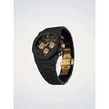 D1 Milano Polychrono Gilded Solar vista laterale con chiusura butterfly dorata e bracciale nero PHBJ16