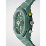 D1 Milano Polychrono Green Phantom dettaglio corona e pulsanti cronografo, quadrante verde con lancette gialle PHBJ23