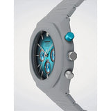 D1 Milano Polychrono Ice Phantom dettaglio corona e pulsanti cronografo azzurri, quadrante sfumato con indici a bastone PHBJ21