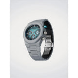 D1 Milano Polychrono Ice Phantom vista laterale con chiusura butterfly nascosta in acciaio, bracciale policarbonato grigio PHBJ21