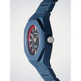 D1 Milano Polychrono Neo Wave vista laterale cassa ottagonale policarbonato blu con corona argentata NCBJ10