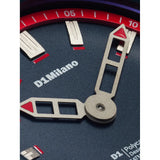 D1 Milano Polychrono Neo Wave dettaglio quadrante blu granulato con lancette squelette e indici applicati in ottone NCBJ10