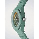 D1 Milano Polychrono Pure Green dettaglio laterale cassa policarbonato, corona esagonale e quadrante verde granulato NCBJ11
