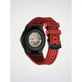 D1 Milano Skeleton Crimson Core vista fondello aperto movimento Miyota, cinturino rosso e fibbia nera SKRJ18