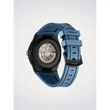 D1 Milano Skeleton Crimson Core vista fondello aperto movimento Miyota con cinturino blu in gomma e fibbia nera SKRJ19