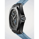 D1 Milano Skeleton Crimson Core dettaglio laterale corona ottagonale, cassa spazzolata nera e cinturino azzurro SKRJ19