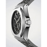 D1 Milano Skeleton Crimson Core dettaglio laterale cassa acciaio spazzolato corona e quadrante scheletrato nero SKRJ20