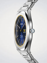 D1 Milano Ultra Thin Light Illusion dettaglio laterale cassa sottile, corona e quadrante blu con indici luminosi UHBJ07