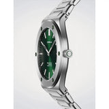 D1 Milano Ultra Thin Malachite Sealed dettaglio laterale corona e cassa spazzolata con viti verdi quadrante verde UCBU02