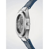 D1 Milano Ultra Thin Move Silver dettaglio laterale cassa acciaio spazzolato, corona esagonale e cinturino pelle blu UTLL17