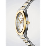 D1 Milano Ultra Thin Thinline vista laterale dettaglio corona dorata e bracciale bicolore acciaio satinato UHBL04