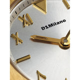 D1 Milano Ultra Thin Thinline macro quadrante argentato con indici romani e arabi dorati, lancette Dauphine UHBL04