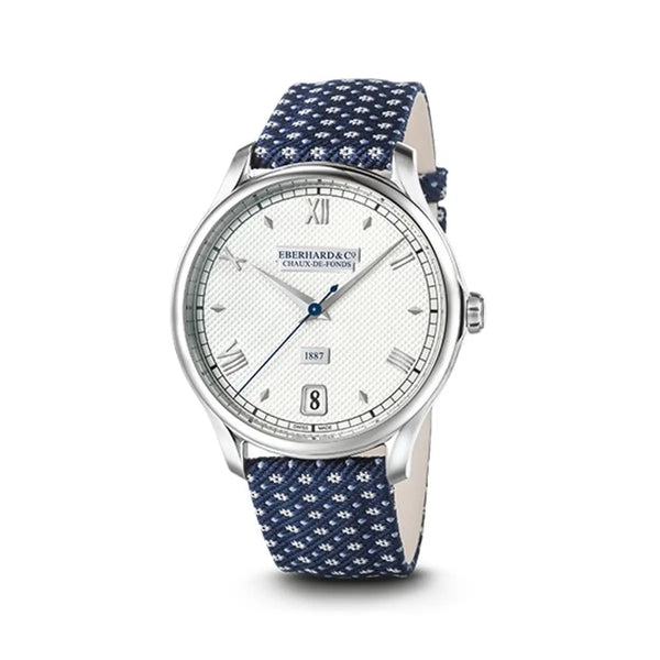 Eberhard & Co Orologio 1887 Remontage Manuel quadrante bianco Clous de Paris cinturino seta Jacquard blu 21028.01 CT