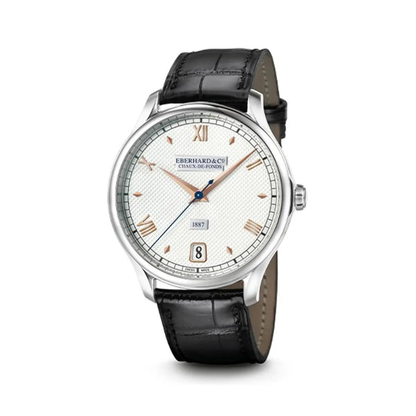 Eberhard & Co Orologio 1887 Remontage Manuel quadrante bianco Clous de Paris cinturino alligatore nero 21028.02 CP