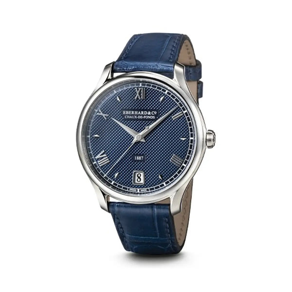 Eberhard & Co Orologio 1887 Remontage Manuel quadrante blu lavorazione Clous de Paris cinturino alligatore blu 21028.03 CP