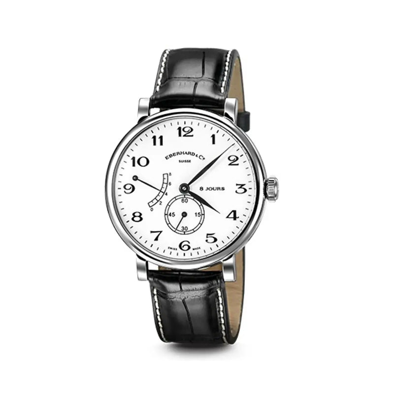 Eberhard & Co Orologio 8 Jours Grande Taille quadrante bianco con riserva di carica, cinturino alligatore nero 21027.1 CP