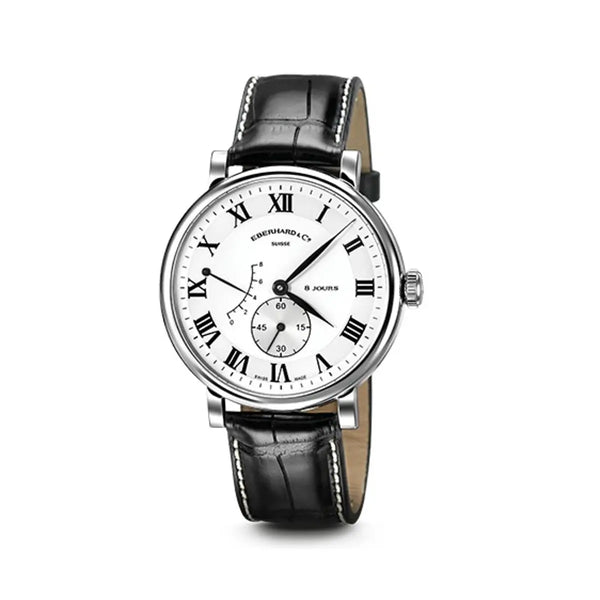 Eberhard & Co Orologio 8 Jours Grande Taille quadrante bianco numeri romani cinturino alligatore nero 21027.2 CP