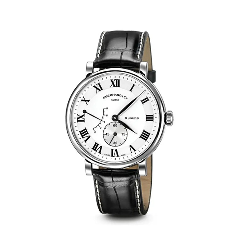 Eberhard & Co Orologio 8 Jours Grande Taille quadrante bianco numeri romani cinturino alligatore nero 21027.2 CP