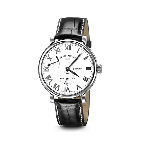 Eberhard & Co Orologio 8 Jours Grande Taille quadrante bianco numeri romani cinturino alligatore nero 21027.3 CP