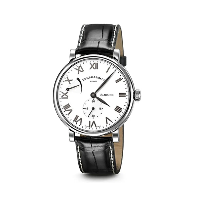 Eberhard & Co Orologio 8 Jours Grande Taille quadrante bianco numeri romani cinturino alligatore nero 21027.3 CP