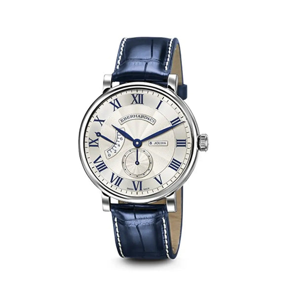 Eberhard & Co Orologio 8 Jours Grande Taille quadrante bianco guilloché, cinturino alligatore blu, riserva di carica 8 giorni 21027.6 CP