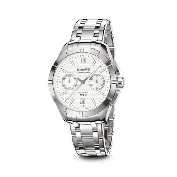 Eberhard & Co Orologio Aquadate Chrono cronografo automatico in acciaio con quadrante argenté e bracciale Charme 31071.01 CA