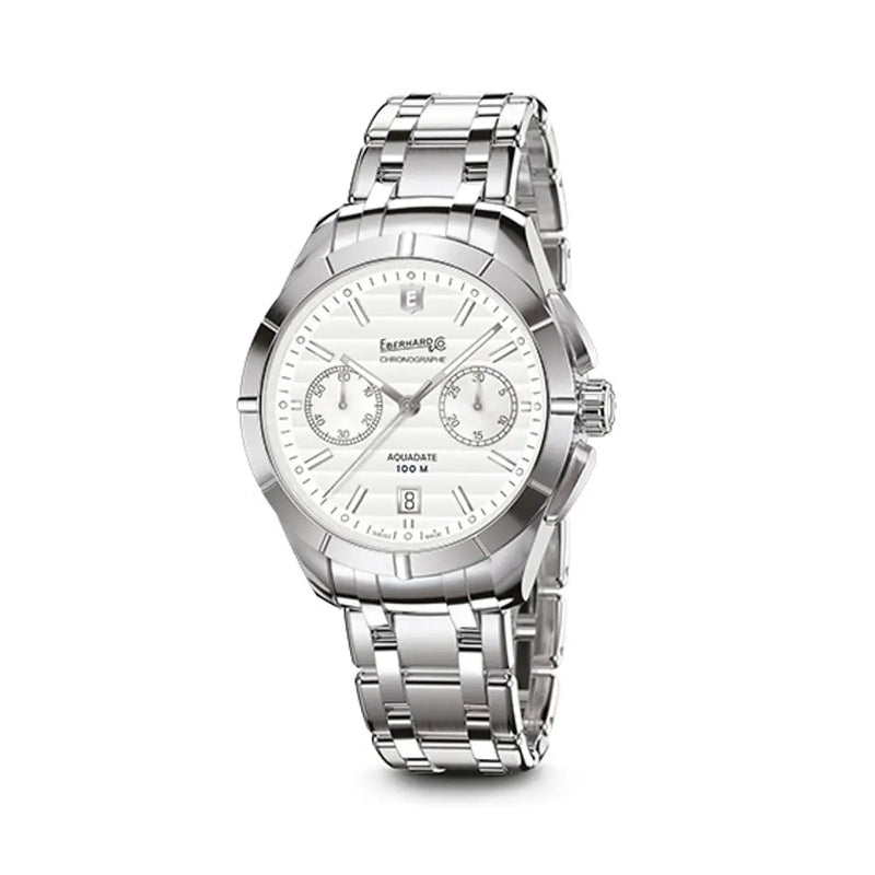 Eberhard & Co Orologio Aquadate Chrono cronografo automatico in acciaio con quadrante argenté e bracciale Charme 31071.01 CA