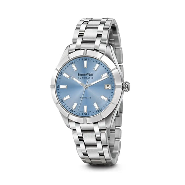 Eberhard & Co Orologio Aquadate Grande Taille quadrante azzurro soleil, cassa e bracciale in acciaio 41mm 41045.08 CA
