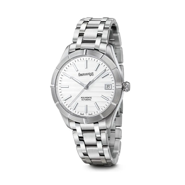 Eberhard & Co Orologio Aquadate Grande Taille in acciaio con quadrante bianco e bracciale Charme 41041.01 CA