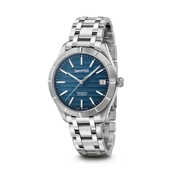 Eberhard & Co Orologio Aquadate Grande Taille quadrante blu con decorazione vagues-droites, bracciale acciaio 41041.02 CA
