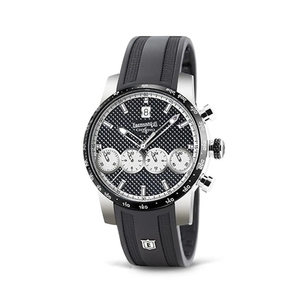 Eberhard & Co Chrono 4 "21-42" cronografo automatico quadrante nero con 4 contatori bianchi cinturino gomma 31073.03/CN CU