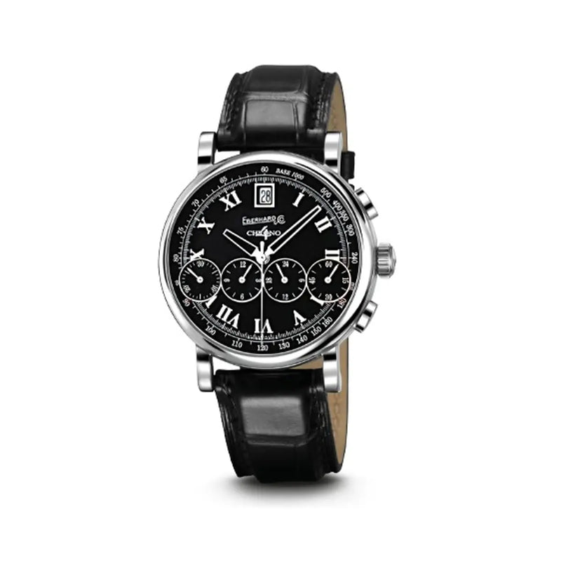 Eberhard & Co Orologio Chrono 4 Bellissimo cronografo automatico quadrante nero cinturino alligatore 31142.08 CP