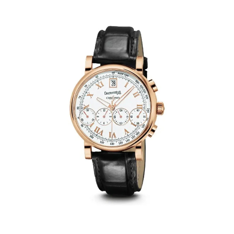 Eberhard & Co Orologio Chrono 4 Bellissimo Vitré in oro rosa 18kt con quadrante bianco e cinturino alligatore nero 30060.03 OR F19.2