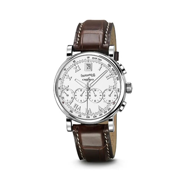 Eberhard & Co Orologio Chrono 4 Bellissimo Vitré cronografo automatico quadrante bianco cinturino alligatore marrone 31043.03 CP