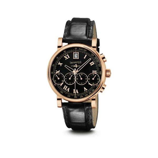 Eberhard & Co Orologio Chrono 4 Bellissimo Vitré in oro rosa 18kt con quadrante nero e cinturino alligatore 30060.08 OR F19.2