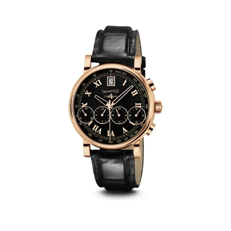 Eberhard & Co Orologio Chrono 4 Bellissimo Vitré in oro rosa 18kt con quadrante nero e cinturino alligatore 30060.08 OR F19.2
