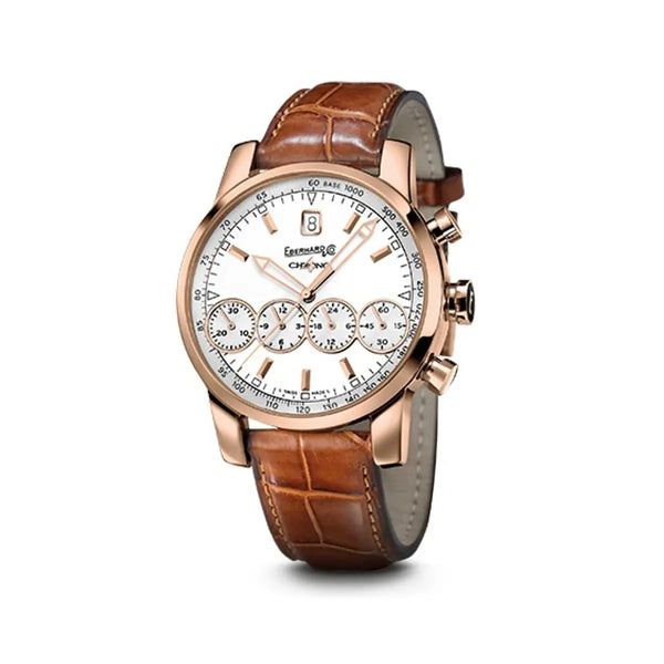 Eberhard & Co Orologio Chrono 4 Grande Taille in oro rosa 18kt con quadrante bianco e cinturino alligatore marrone 30064.1 OR F19.6
