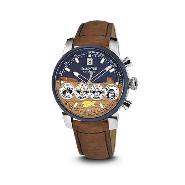 Eberhard & Co Chrono 4 Pards orologio cronografo edizione limitata quadrante blu con Tex Willer cinturino pelle marrone 31078.01 CP