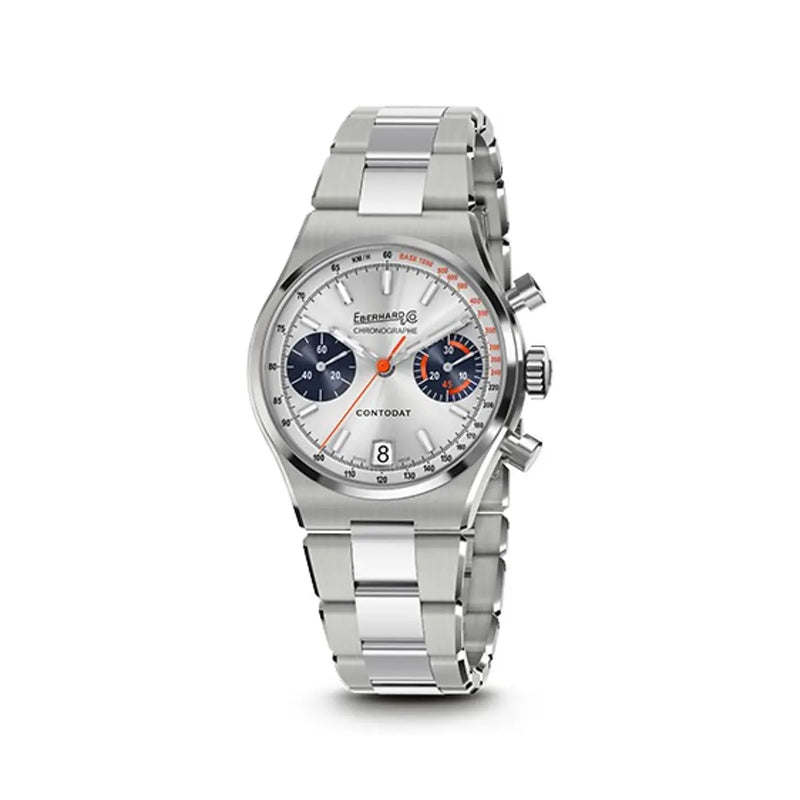Eberhard & Co Orologio Contodat Chronographe in acciaio con quadrante argenté e contatori blu, bracciale integrato 31156.03 CA2C