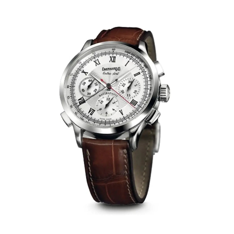 Eberhard & Co Extra-Fort Chrono Rattrapante orologio cronografo automatico acciaio quadrante bianco cinturino alligatore marrone 31049.1 CPD