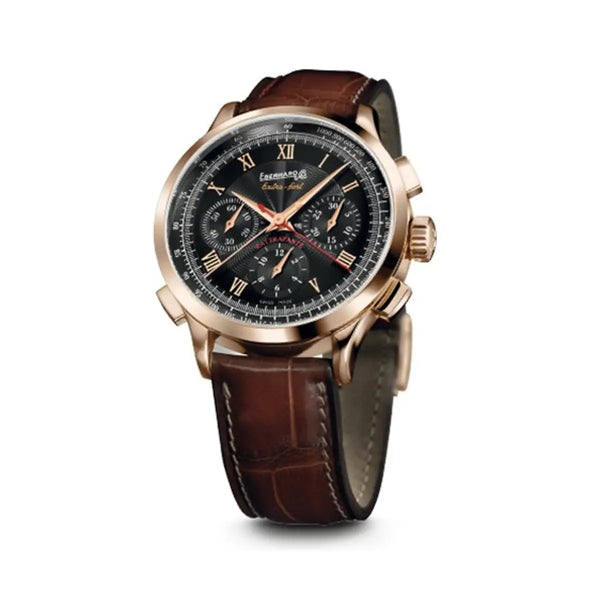 Eberhard & Co orologio Extra-Fort Chrono Rattrapante in oro rosa 18kt con quadrante nero e cinturino alligatore marrone 30063.1 OR F19.6